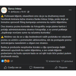 Banca Intesa upozorava na lažnu Facebook stranicu Banca Intesa Srbija